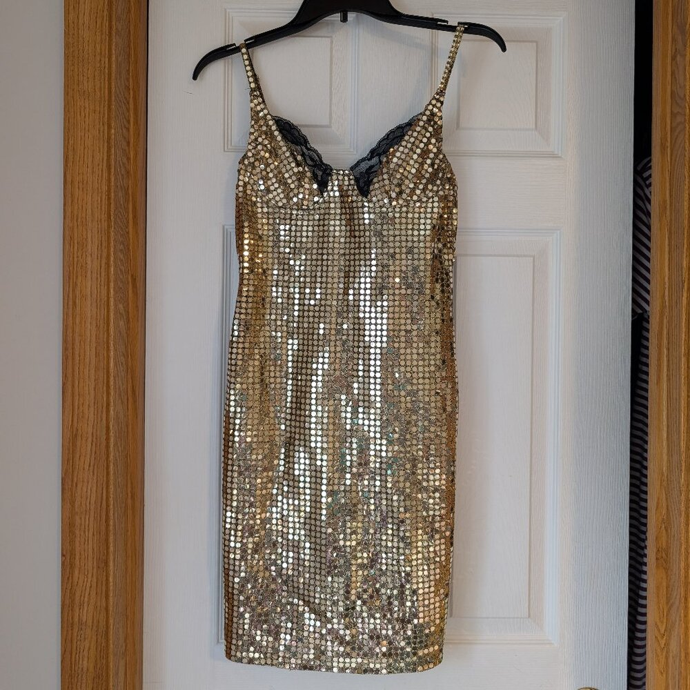 Rare Vintage Shirley of Hollywood Gold Sequin Disco Minidress 1980's Small/XS